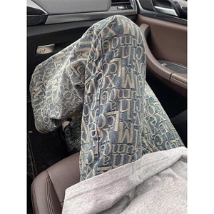 巴黎风满印字母牛仔裤男款夏季潮牌美式高街微喇裤高腰阔腿长裤子图片