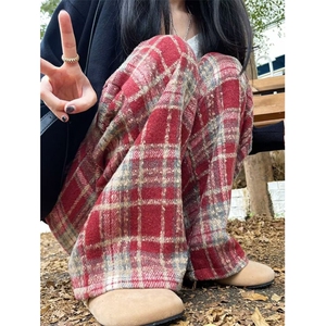 男新款青少年时尚休闲裤格子毛呢裤子A923P42,男士红色毛衣怎么搭配裤子图片