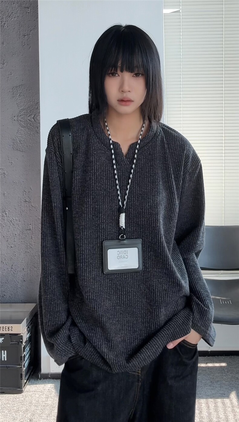 V领潮流美式复古长袖设计感打底衫T恤男秋季宽松百搭特P38,男装T恤,电商C306-1