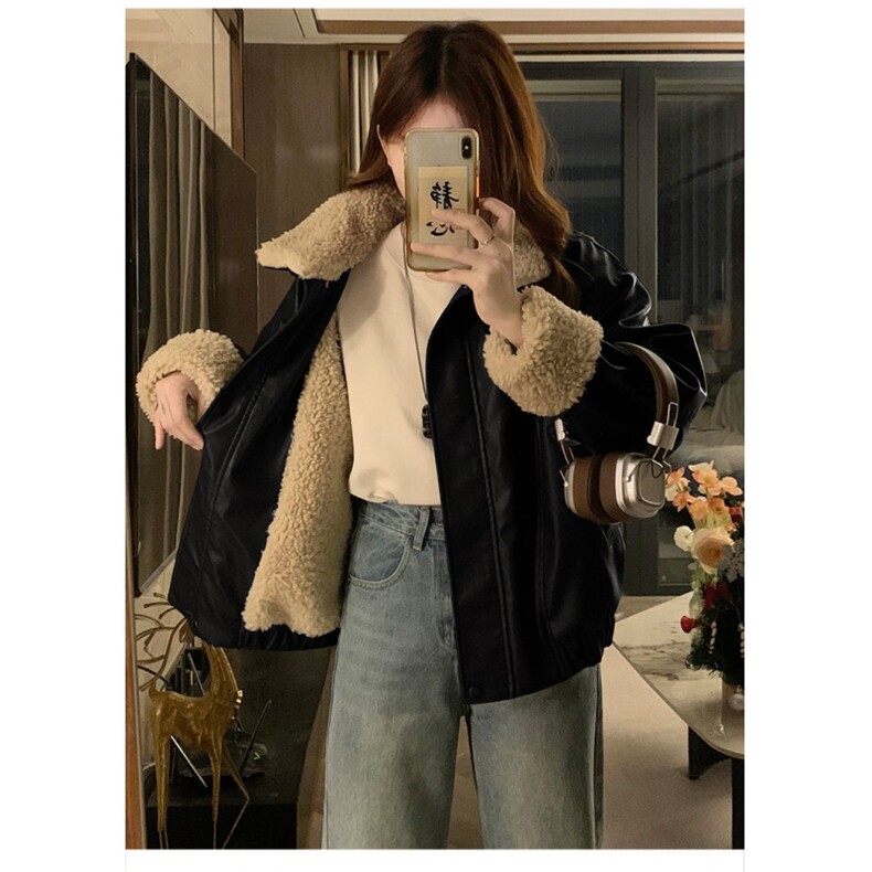 CC691-P135美拉德咖色复古羊羔毛皮衣外套女冬加厚加绒机车服夹克，女装皮衣，星座1611A