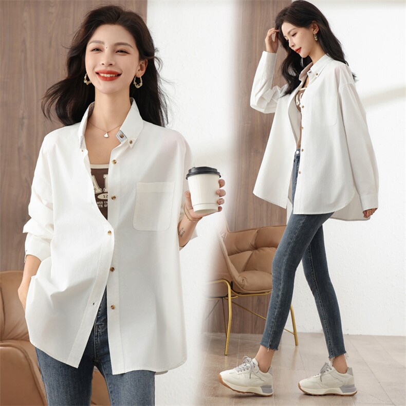 韩系休闲宽松长袖衬衫外套女秋季2023新款百搭中长款纯色上衣ins，女装衬衫，梦懿尔