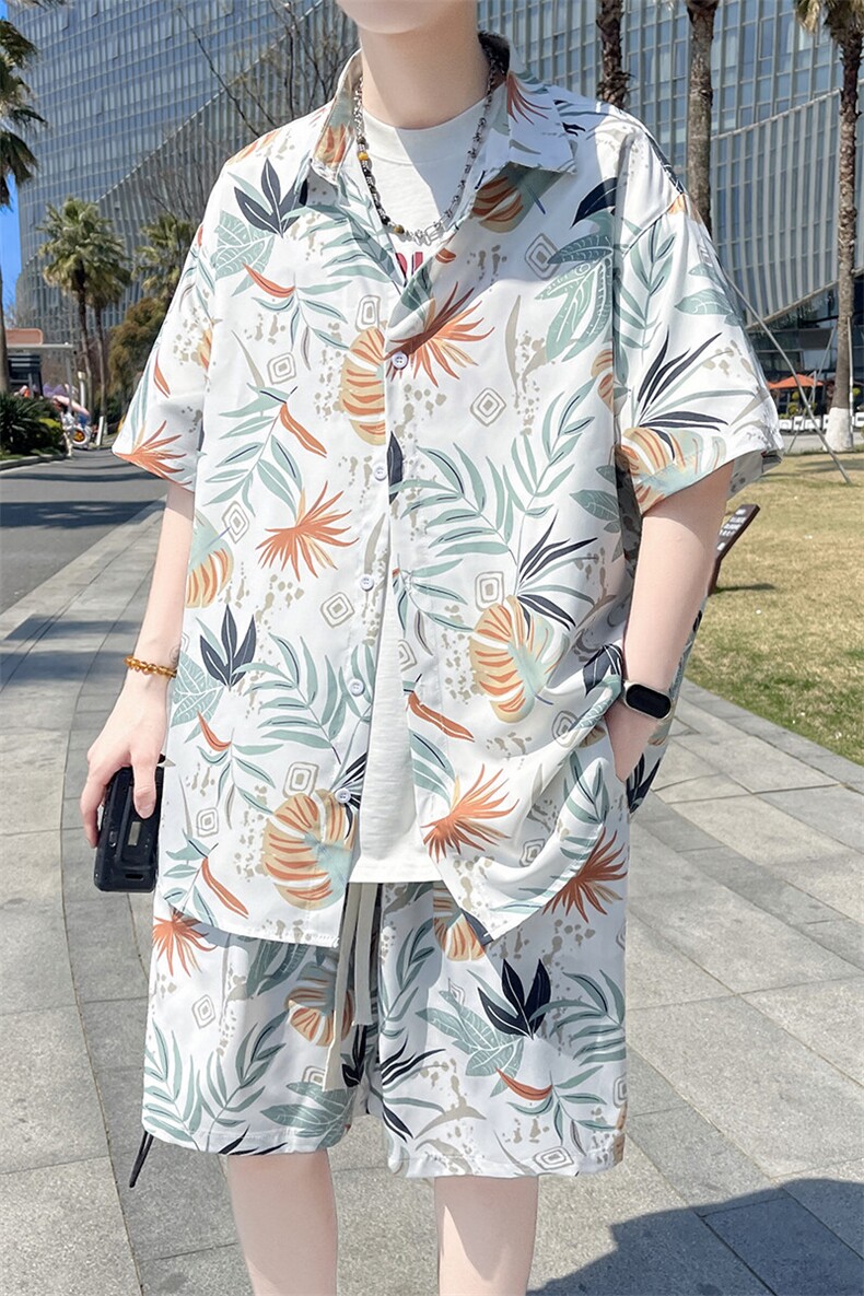热带植物沙滩套装宽松花衬衫男短袖两件套TZ882/880衣35裤23/TP58,男装衬衫,电商A012