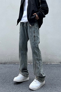 美式高街vibe风直筒长裤欧美痞帅男hiphop复古水洗牛仔裤图片