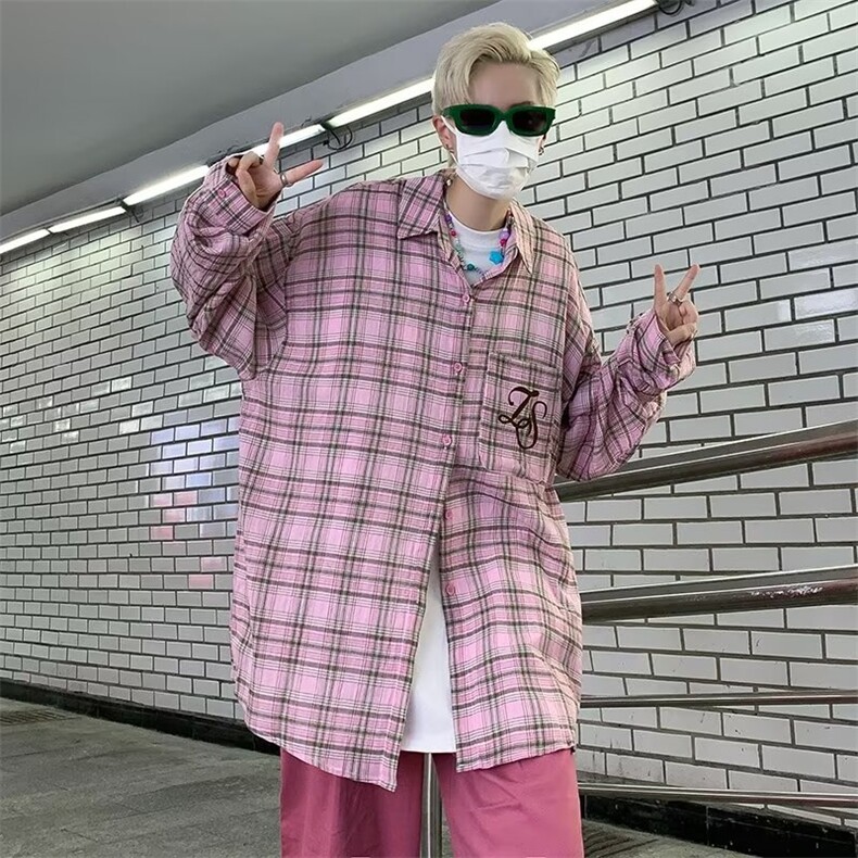 格子衬衫男长袖韩版潮流字母刺绣高街帅2024秋季C8011-P45,男装衬衫,星座1109-3