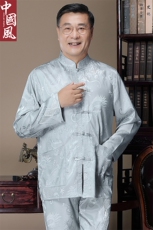 长年货风中老年唐装男士春夏长袖真丝套装丝绸衬衫，男装衬衫，钱塘723