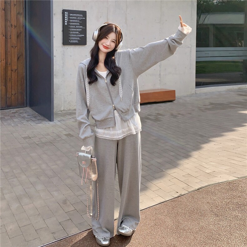 灰色休闲蕾丝拼接连帽卫衣套装裤女2025秋季日系减龄高级感两件套图片