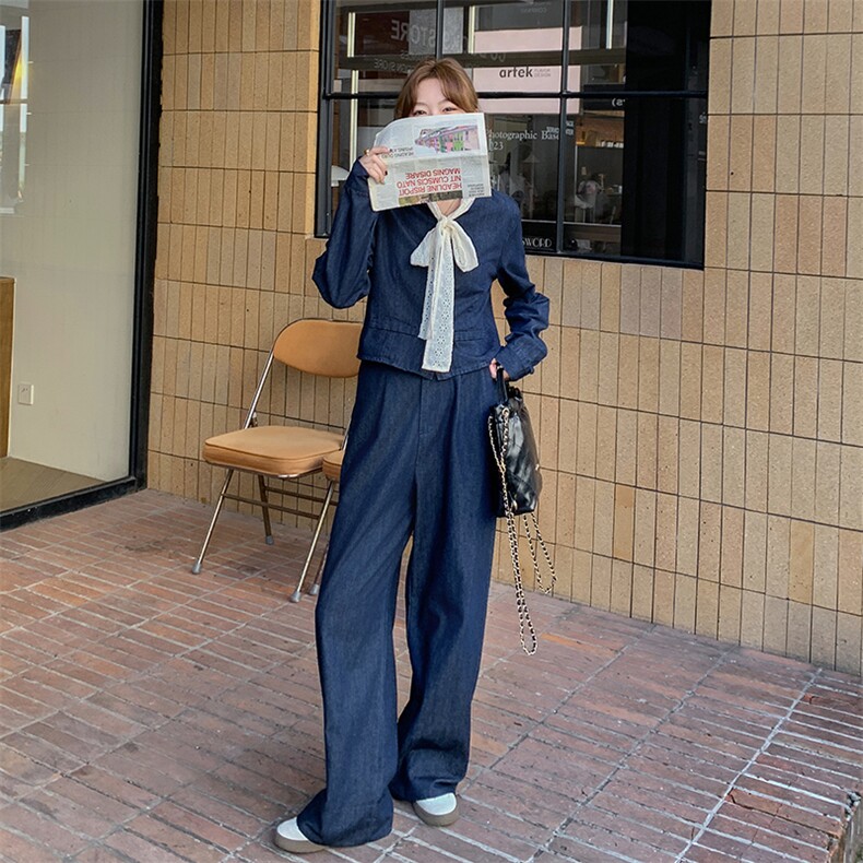 复古牛仔套装女春季新款小香风一整套穿搭韩系流行阔腿裤两件套,女装连衣裙,2C108