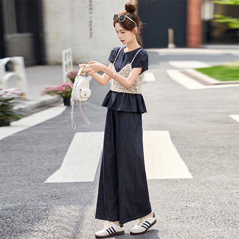 2025夏季水洗牛仔色休闲潮三件套裙减龄今年流行的女装套装,女装套装/套裙,众宇琦