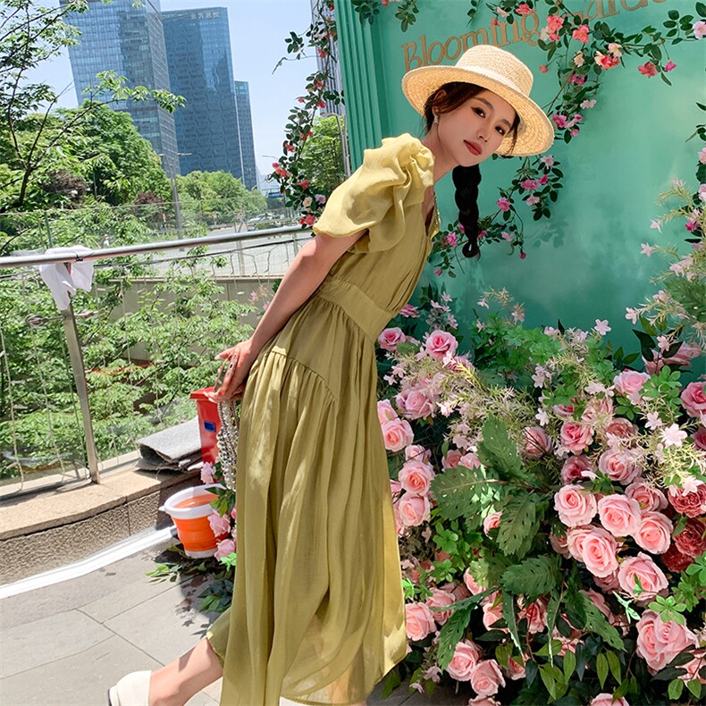 绿色收腰显瘦天丝连衣裙女2023夏季新款法式温柔轻熟风气质桔梗裙,女装连衣裙,一九零