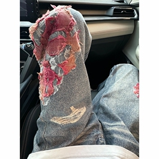 火焰蕾丝刺绣牛仔裤男女秋冬美式高街小众hiphop碎花直筒破洞裤子，男装牛仔裤，星座1007（原301D）