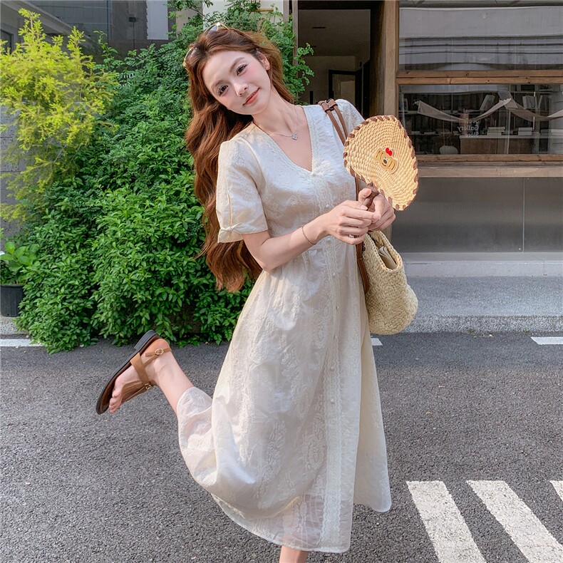 法式温柔风甜美重工刺绣后腰松紧花边连衣裙女182-8709P145K198,女装连衣裙,浙宝182A