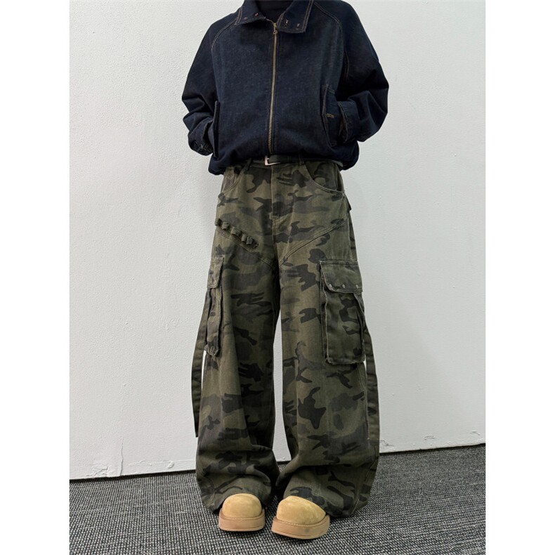 美式复古飘带大口袋工装迷彩裤潮流时尚百搭阔腿裤,男装工装外套,星座410-6（原星座1304-1）