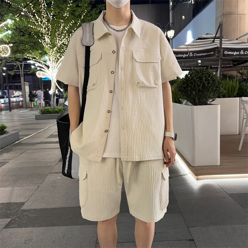 夏季薄款冰丝衬衫短袖短裤两件套装 TZ38P65图片