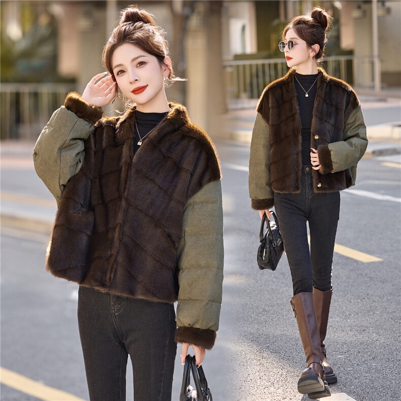 现货.时尚流行欧款拼水貂毛羽绒服,女装羽绒服,布芭啦