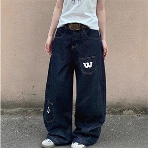 大码美式口袋廓形弯刀牛仔裤女设计感宽松百搭阔腿裤垂感拖地长裤图片