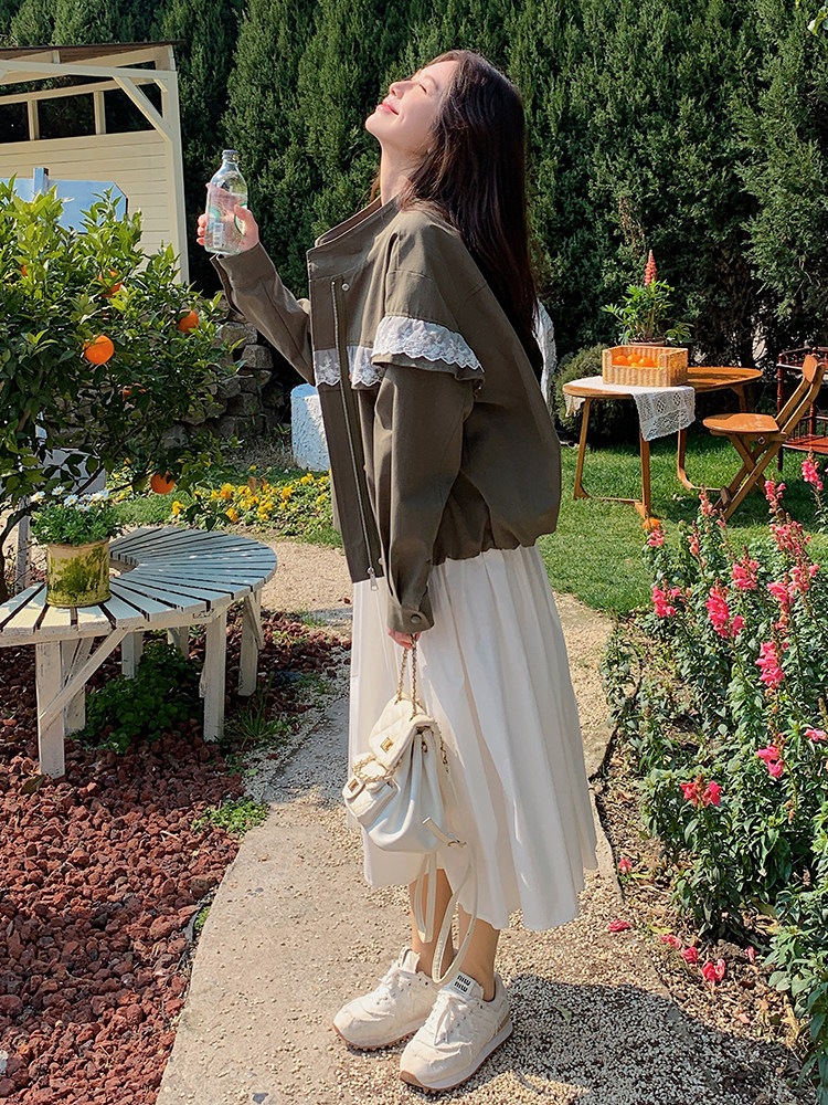 美式复古甜酷风蕾丝拼接暗扣工装外套女2025春款休闲棒球服夹克,女装短外套,蝶眷