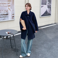 藏青色韩系双面羊毛呢大衣2025新款女冬今年流行中长款毛呢厚外套，女装毛呢外套，2C220