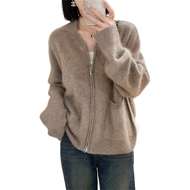长袖针织开衫女宽松百搭纯色羊绒休闲外套上衣,女装羊绒衫,仟禧羊绒