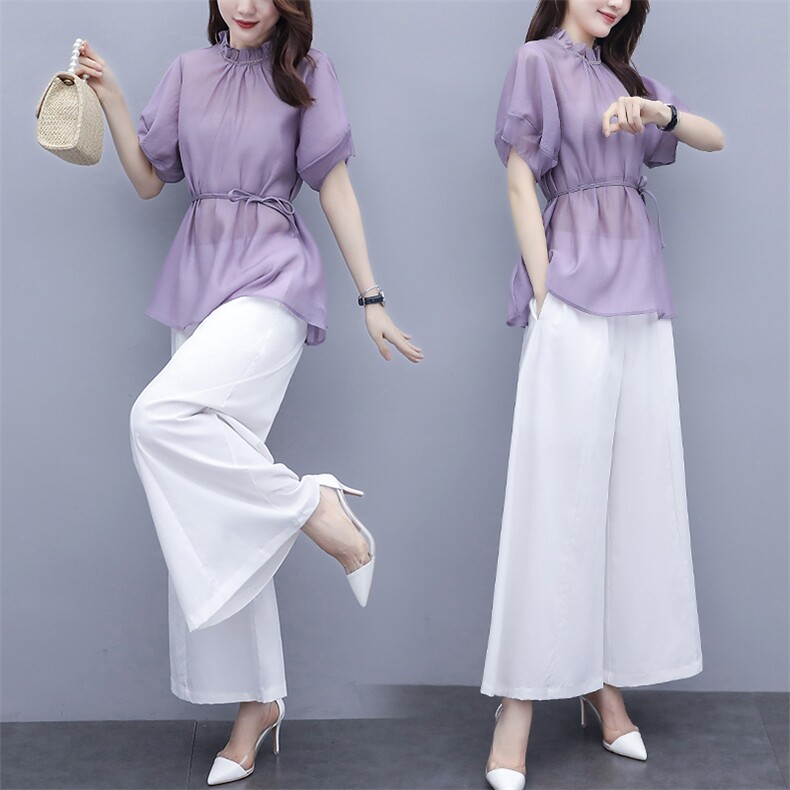芷墨夏装新款时尚复古显示法式收腰上衣棉麻阔腿裤套装，女装套装/套裙，芷墨服饰