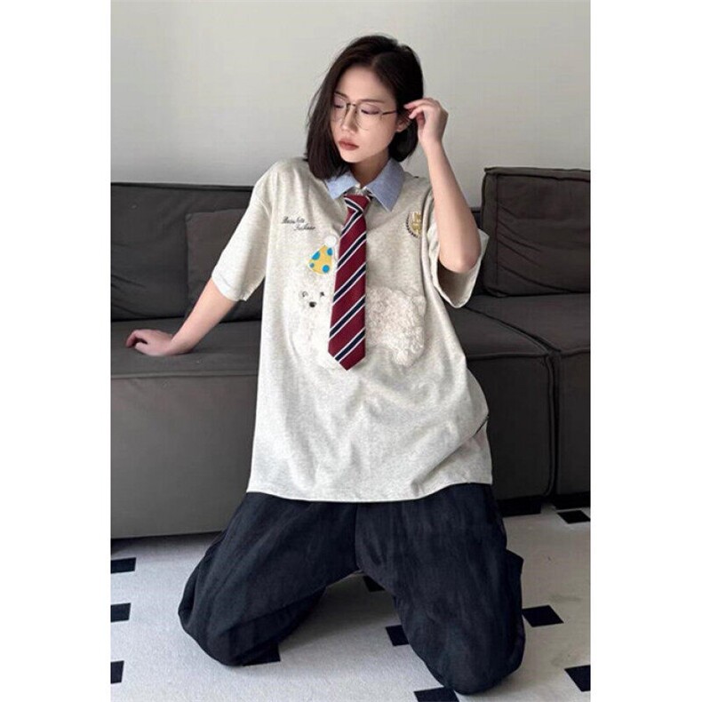 复古刺绣狗狗polo领短袖t恤男女宽松夏季学院风纯棉上衣TB261,男装T恤,星座1116A（原606A-3）