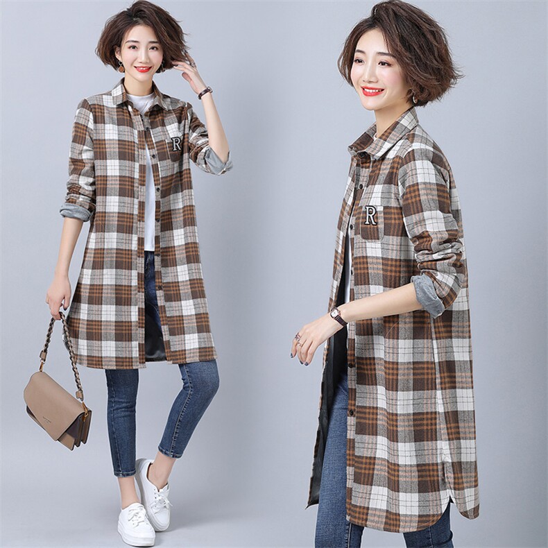 加绒格子衬衫女秋冬新款宽松韩版中长款外套长袖加厚保暖打底衬衣，女装衬衫，风姿绰