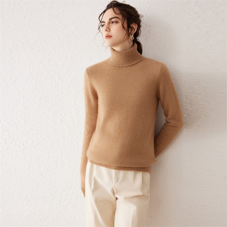 秋冬季35%羊绒简约休闲百搭时尚七针正肩高翻羊绒衫，女装羊绒衫，云暖羊山羊绒