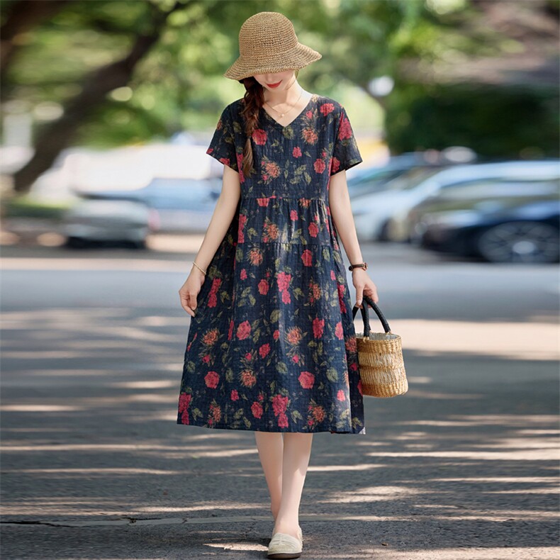 出货。复古印花短袖棉质连衣裙女2026夏季新款收腰显洋气减龄裙子,女装连衣裙,依万里