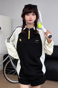 美式半拉链撞色速干衣女男款秋季户外运动长袖T恤骑行服羽毛球服图片