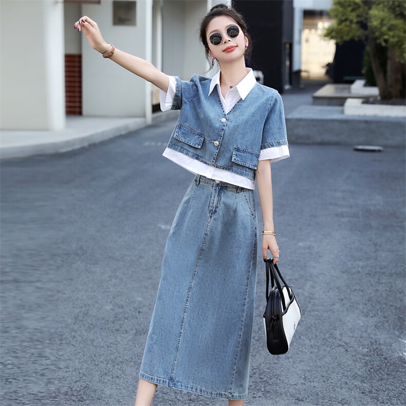 牛仔连衣裙女2025年夏季新款短袖薄款气质拼接衬衫领假两件套装女,女装套装/套裙,意芙