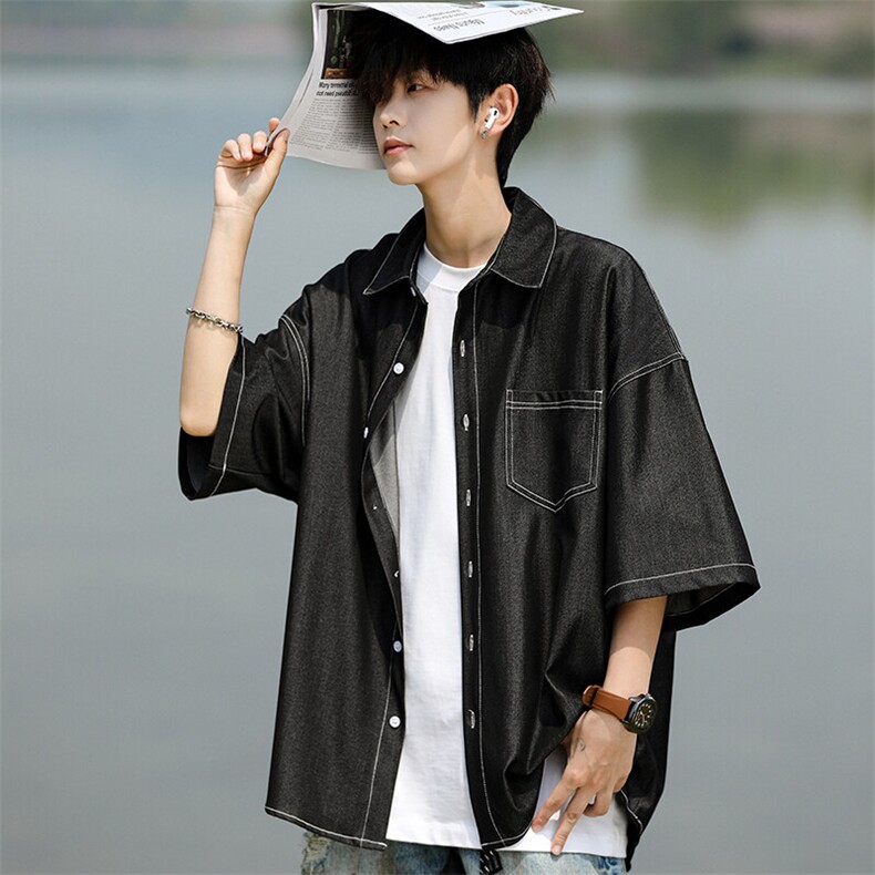 8XL-M冰丝牛仔短袖衬衫男款夏季薄款宽松慵懒衬衣外套DC28006P60,男装T恤,电商B312