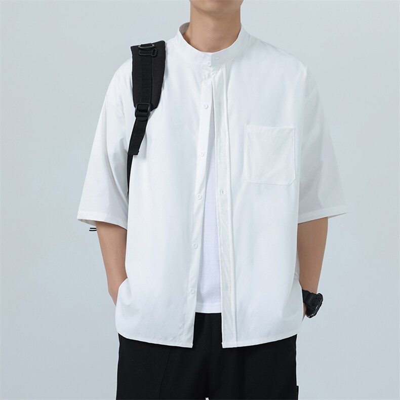 夏装立领短袖衬衫男纯色冰丝垂感大码衬衣CS604P28，男装T恤，电商C323