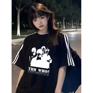 抖音得物高品质二开240克宽松纯棉美式潮牌三条杠织带短袖T恤图片