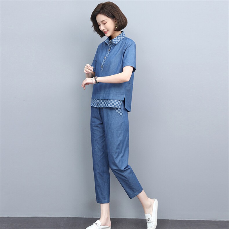 休闲妈妈洋气套装2022夏新款大码牛仔上衣裤子两件套图片