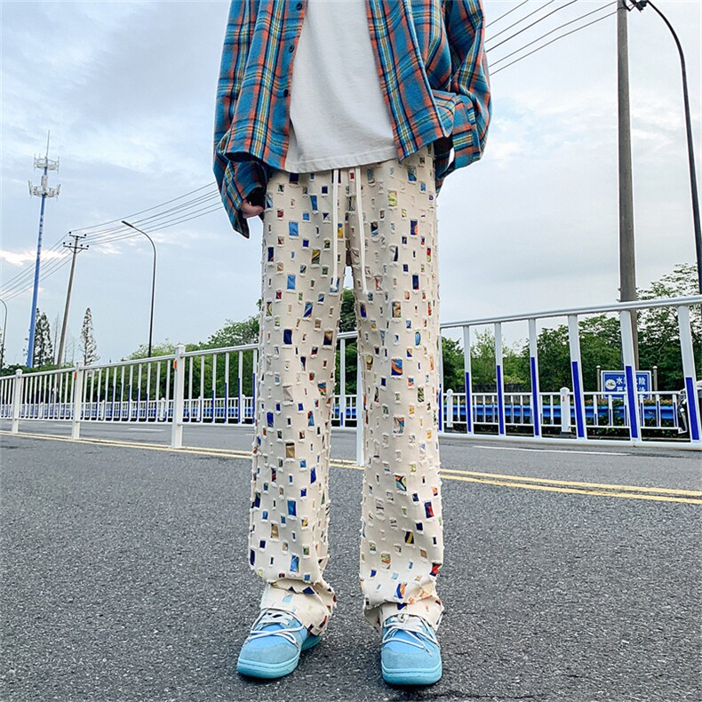 多巴胺镂空格子休闲裤破洞长裤X1213-KK144-P68图片