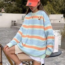 秋冬情侣慵懒风宽松针织衫日系复古彩虹条毛衣男M521-P43，男装针织衫/毛衣，星座512-2