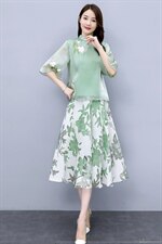 现货夏季新款时尚优雅气质复古领口绣花两件套装裙，女装套装/套裙，然然