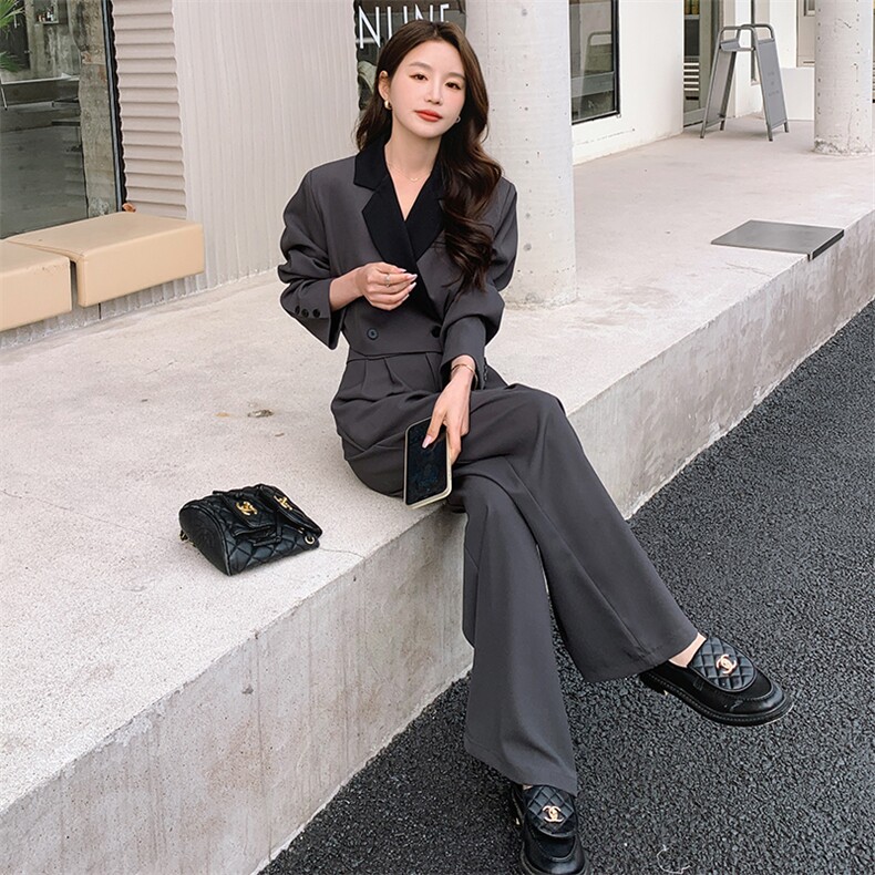 西装高腰女神范长袖通勤刺绣西装领宽松型纯色女职业显瘦气质高腰，女装套装/套裙，浙宝305