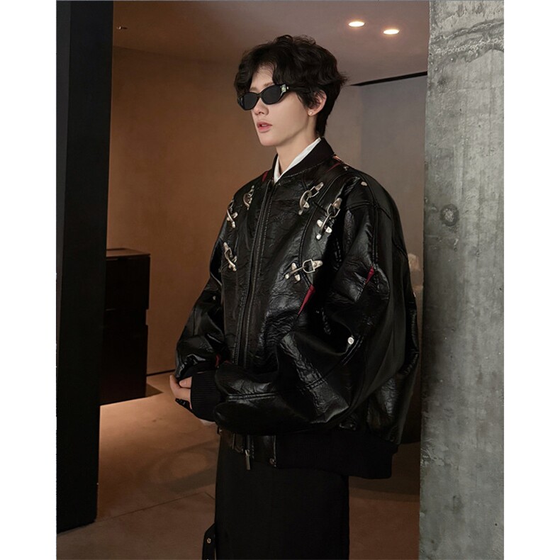 25秋冬pu撞色拼接金属飞机扣短款解构机车夹克外套JK116-P218,男装夹克,电商B288