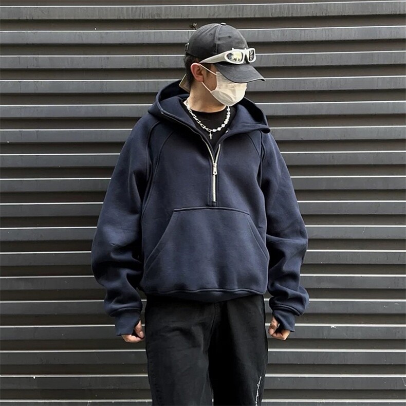 抖音得物二开美式重磅宽松结构拉链设计防风高领连帽卫衣外套W76,男装卫衣,电商A486-1