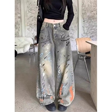 高街泼漆涂鸦阔腿牛仔裤女秋季做旧废土风设计感直筒裤子NA1880，男装牛仔裤，星座1116A（原606A-3）
