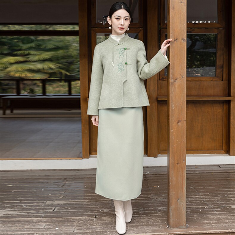 中国风双面羊毛套装女2024春秋新款中式改良旗袍高腰茶服两件套裙,女装套装/套裙,芷墨服饰