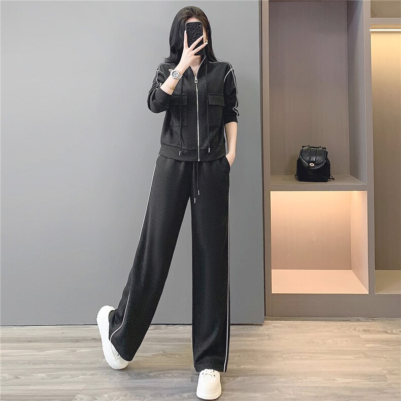 韩版休闲运动套装秋季新款女修身立领开衫卫衣直筒长裤两件套减龄，女装套装/套裙，江南
