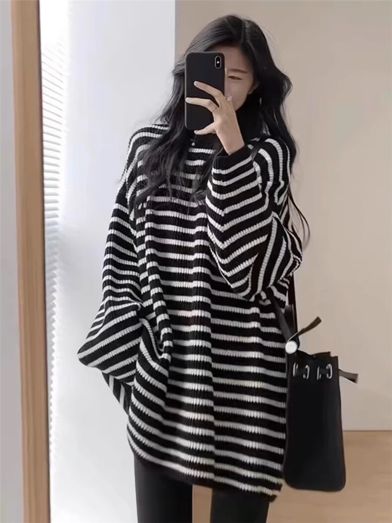 时尚百搭条纹宽松羊毛衫女秋冬季新款简约气质长袖针织毛衣外套,女装羊毛衫,思途羊绒