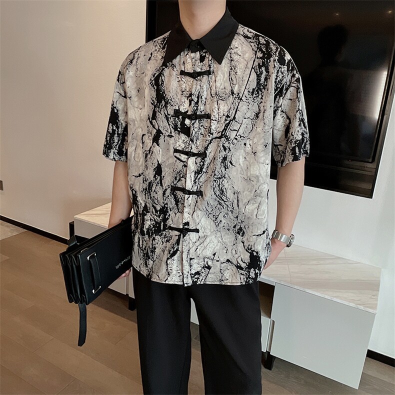 新中式风盘扣扎染短袖衬衫男夏季复古冰丝网红衬衣风CS859P58,男装衬衫,电商B267