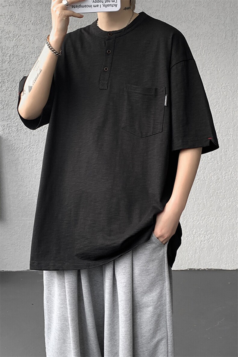 8XL-M亨利领亚麻短袖t恤男弹力大码宽松半袖开衩设计体恤DT002P45,男装T恤,电商B312