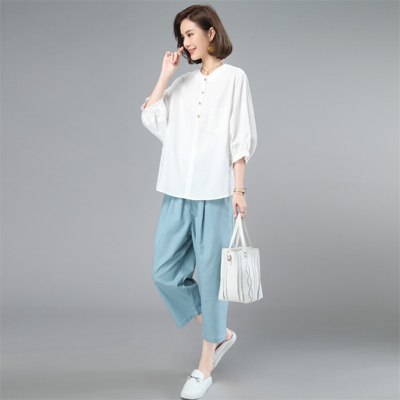棉麻套装女夏2025新款小个子中年妈妈大码时尚洋气减龄亚麻两件套图片