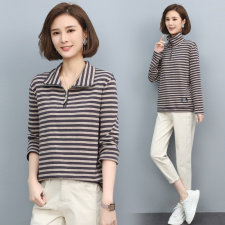 长期现货，2023年纯棉条纹T恤女长袖秋薄款小立领减龄显瘦上衣，女装卫衣/绒衫，涵誉