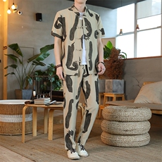 男士夏季风汉服棉麻透气舒适复古开衫唐装两件套HO6929-P65，男装民族服装，星座1105-3