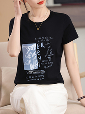 纯棉T恤女双面丝光棉短袖圆领宽松大码夏百搭印花，女装T恤，元素羊绒