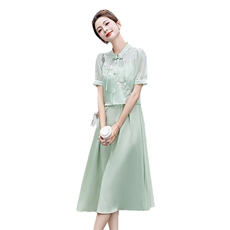 现货新款夏装2024年新中式g风盘扣旗袍改良吊带两件套套装，女装套装/套裙，采品优优